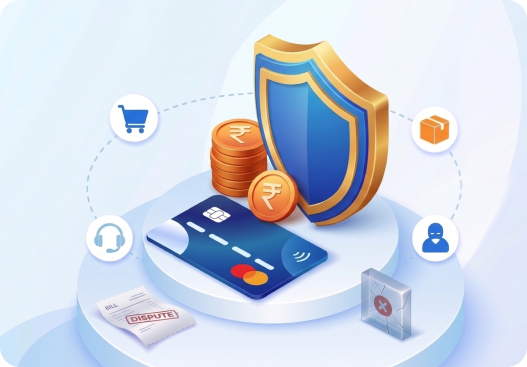 A payment card, coins and a shield surrounded by dispute icons